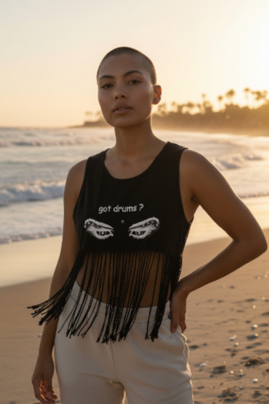 Anvil crop tank top with fringe/beads, "Got Drums," Black/white, Medium